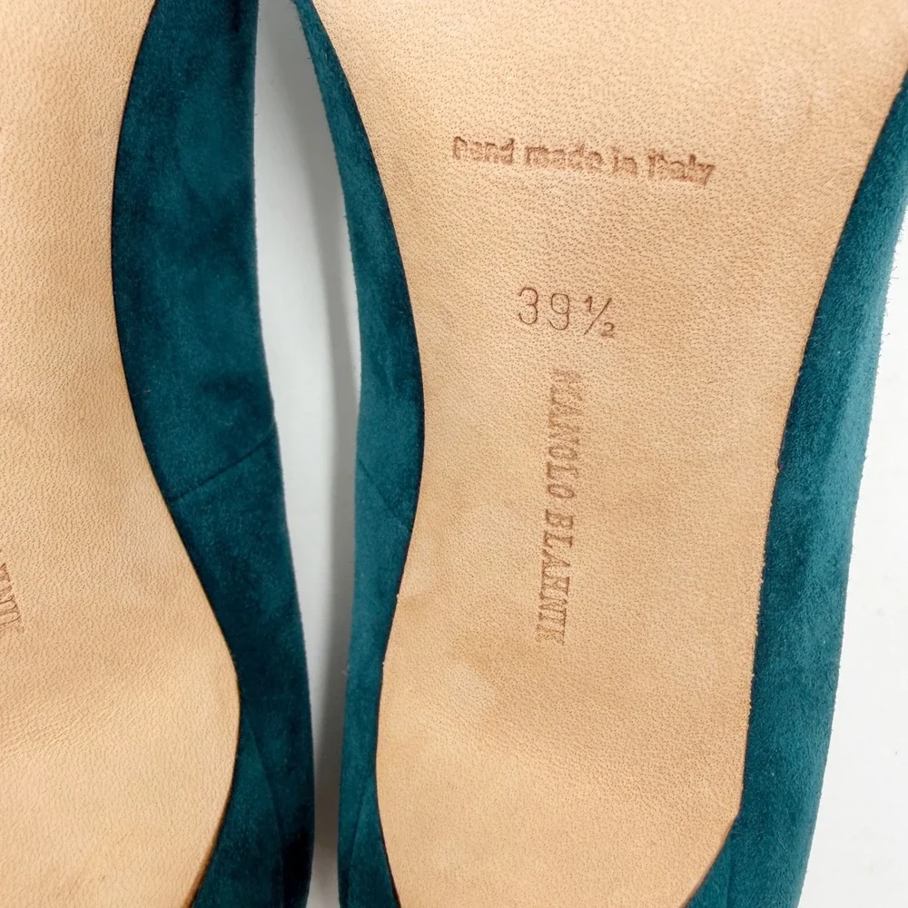 Manolo Blahnik BB Suede Pumps Teal Pointed Stiletto Heels Slip On Sz 39.5 / 9.5 - Picture 9 of 9